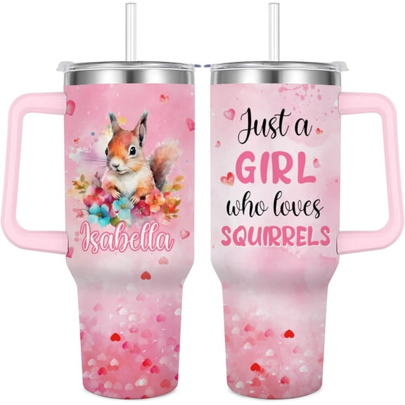 Personalized Squirrel Tumbler Custom Name 40oz Vacuum Insulated Travel Cup for Girls