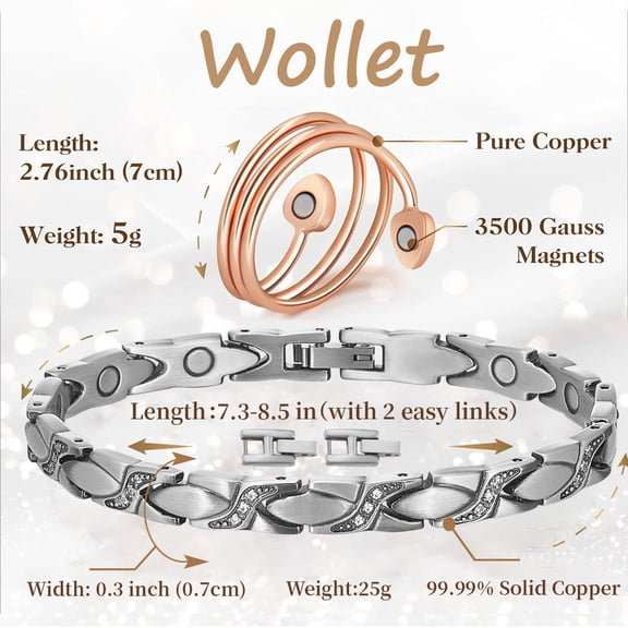 Wollet Copper Magnetic Bracelets Set for Women,Crystal Bracelet,Copper Ring Jewelry Gift