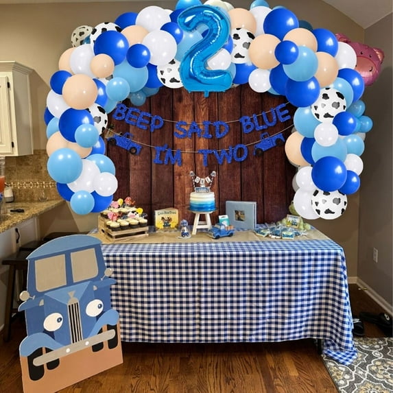 Little Blue Truck 2nd Birthday Party Decoration, Little Blue Truck Birthday Party Supplies with Beep Said Blue I'm Two Glitter Banner and Blue White Latex Balloon Arch for Boy Girl 2nd Birthday Party