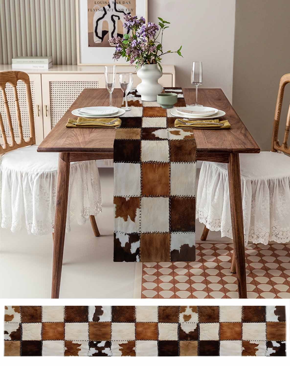 Abstract Cowhides Table Runner Brown Beige Animal Fur Texture Tablerunners 18 x 72 Inch, Table Decorations Tabletop Scarf for Summer Gathering Holiday Farmhouse Kitchen Dining Decor