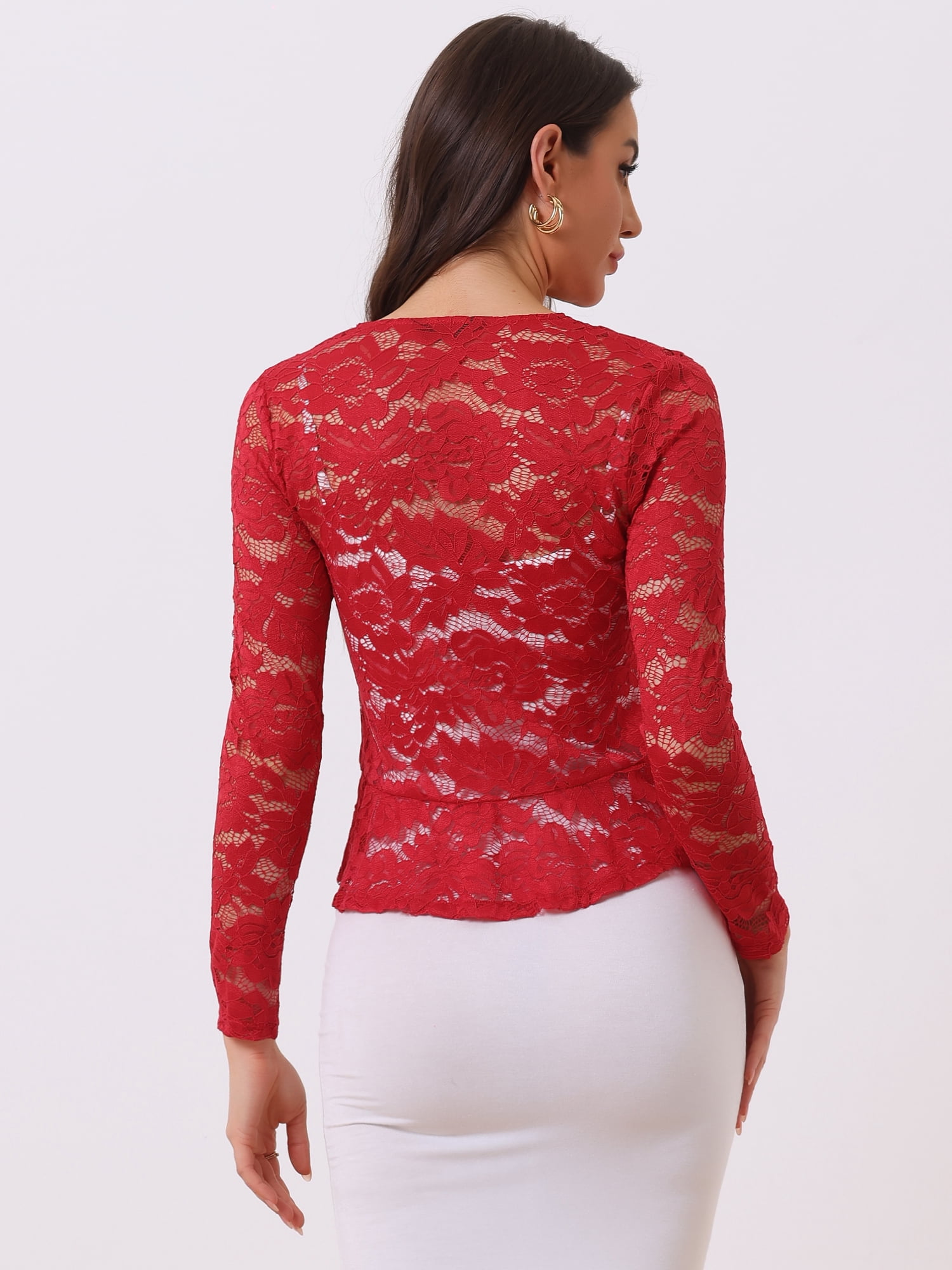 DARING DIVA Women's Ruffled Hem Floral Lace Crop Shrug Cardigan S Red