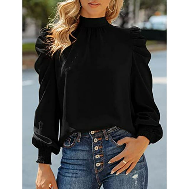 Blusas casuales de manga larga, blusa de cuello alto con mangas abullonadas para mujer, camisa con mangas abullonadas muy recomendada