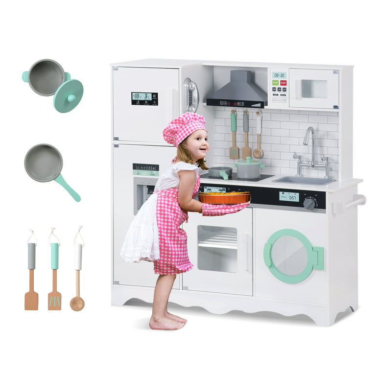 BRINJOY Corner Play Kitchen for Kids, Wooden Toddler Kitchen Playset  w/Faucet, Sink, Microwave, Oven, Apron, Blackboard, Storage Cabinets,  Pretend
