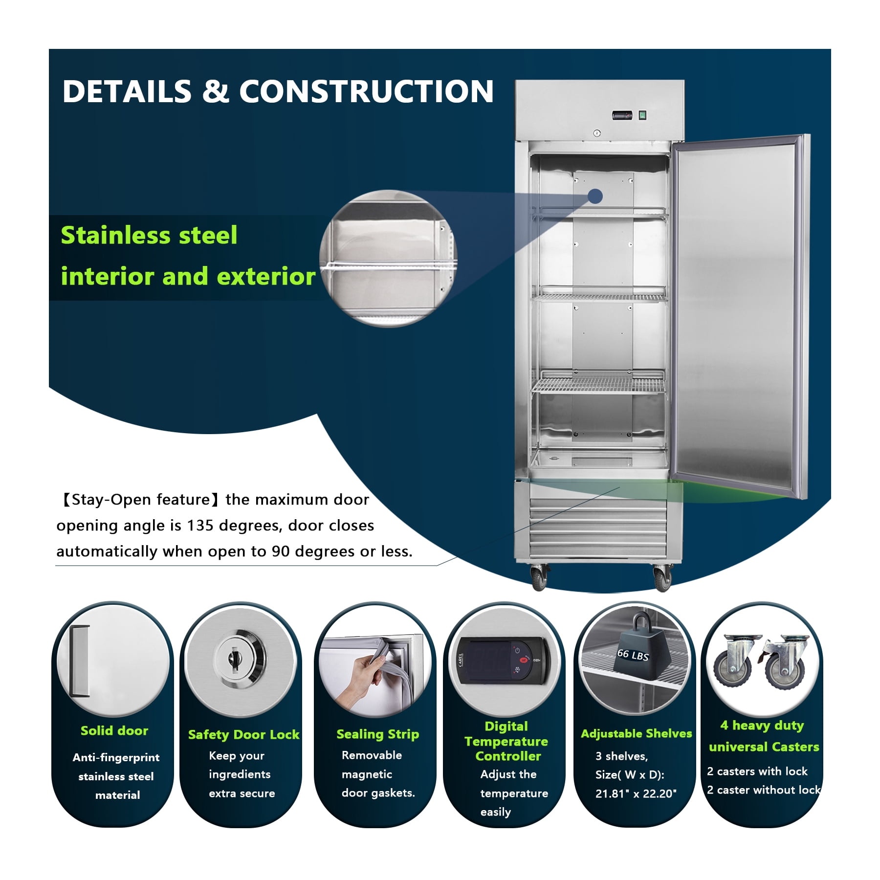 27"W Commercial Reach-in Freezer 18.68 Cu.ft. Upright Fan Cooling Freezer for Restaurants and Commercial