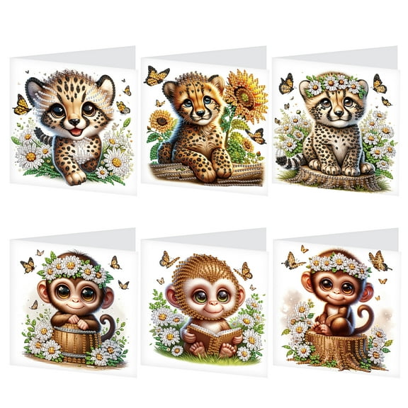 6 pcs Diamond Art Painted Greeting Card, Monkey Leopard 5D DIY Special Shape Diamond Card Creative Gift, Christmas Thanksgiving Greeting Card Congratulation