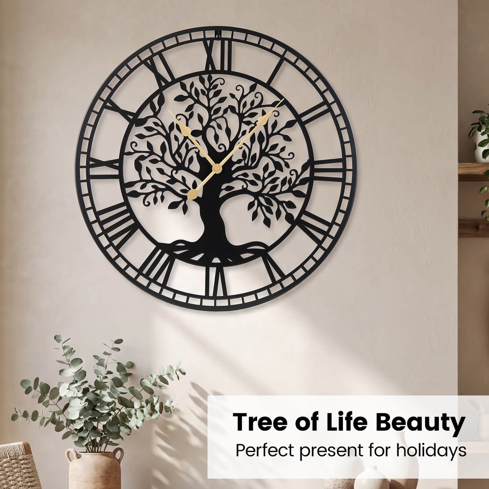Costway Large Wall Clock, 27” Tree of Life Big Metal Clock, Non-Ticking Decorative Clock