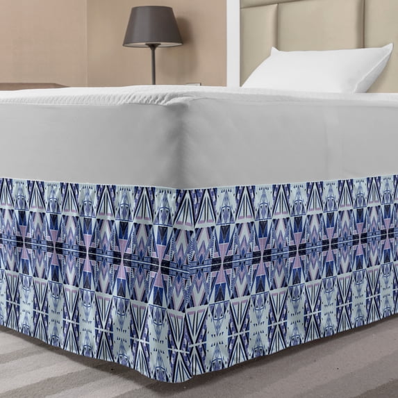 Ethnic Bed Skirt, Geometric Inspired Elements Drawn by Hand, Elastic Bedskirt Dust Ruffle Wrap Around for Bedding Decor, 4 Sizes, Pale Blue Mauve, by Ambesonne