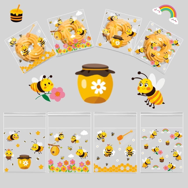 100 bolsas de embalaje con temática de abeja amarilla for regalos y fiestas, bolsas OPP autoadhesivas
