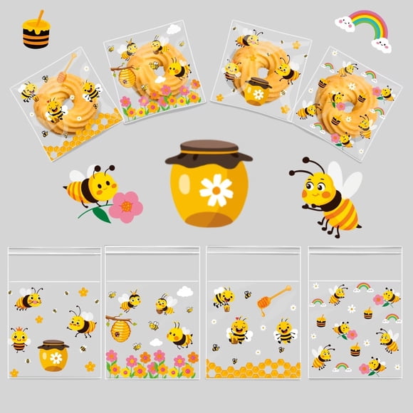 100 bolsas de embalaje con temática de abeja amarilla for regalos y fiestas, bolsas OPP autoadhesivas