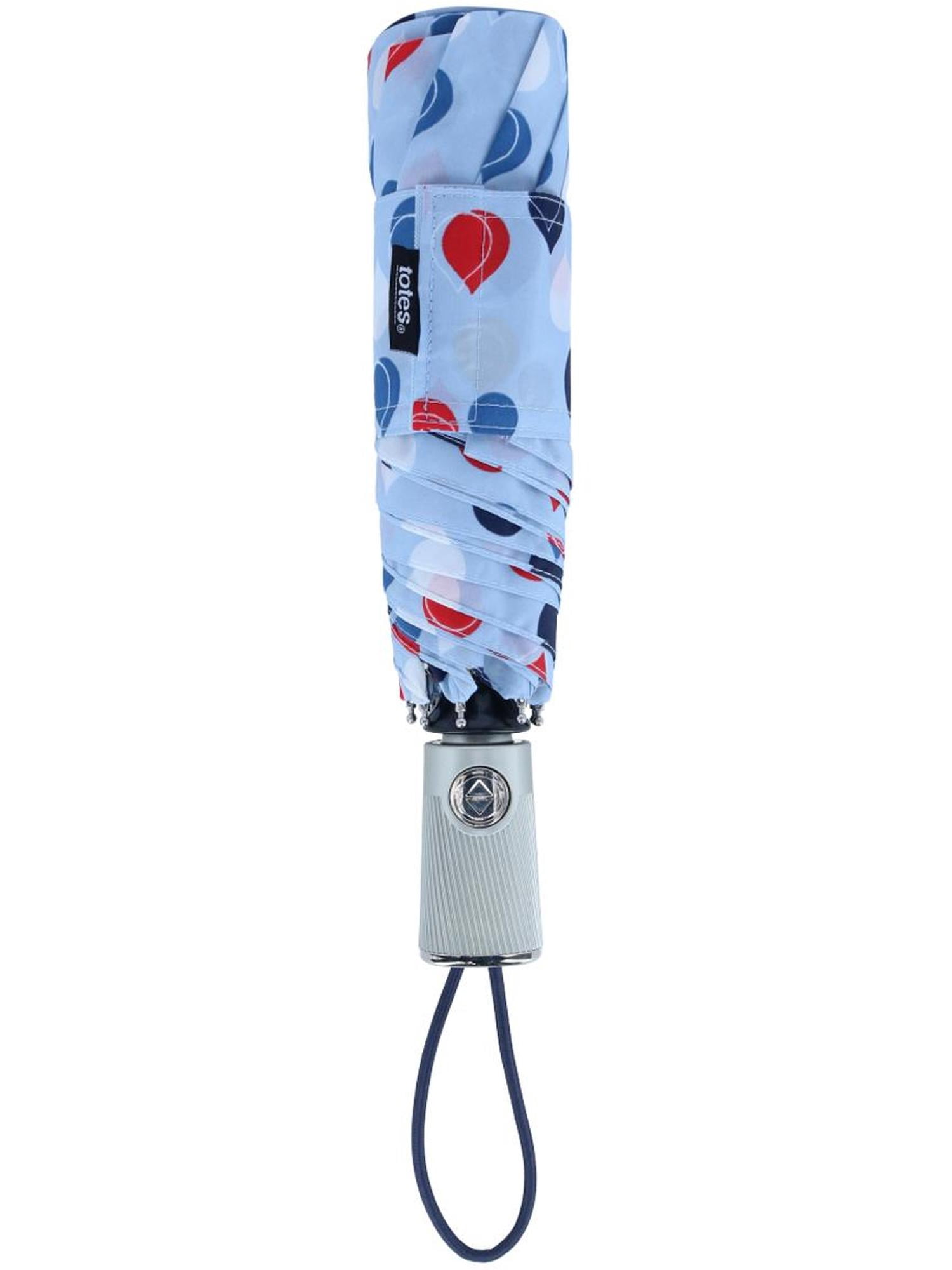 totes Automatic Eco Open Close Water-Resistant Travel Folding Umbrella-8411-U17 (Blue Large Raindrops)