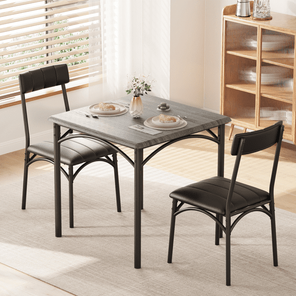 Kicctian 3-Piece Dining Table Set for 2, Wooden Kitchen Table with 2 Upholstered Chairs, Space-Saving Dinette Furniture for Small Apartment and Dining Room,Grey