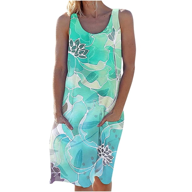 Vestidos Para Mujer Vestidos Casuales de Moda Sin Mangas Cuello Redondo Bolsillo Estampado Vestido Odeerbi ODB156008
