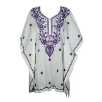 Mogul Women Boho White Tunic Dress Kaftan Paisley Embroidered Cotton Short Beach Caftan S/M