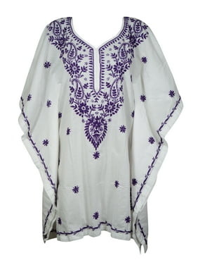 Mogul Women Boho White Tunic Dress Kaftan Paisley Embroidered Cotton Short Beach Caftan S/M