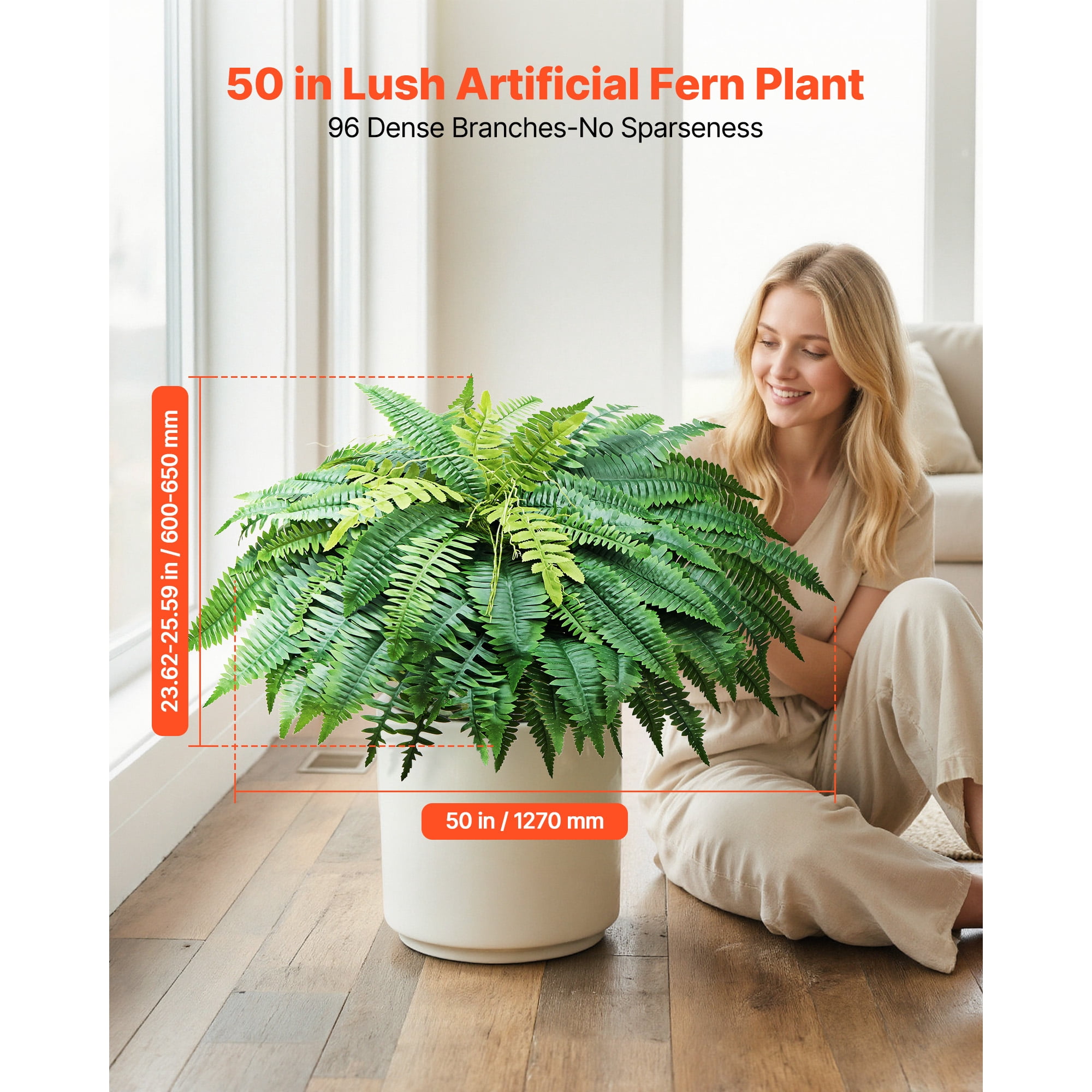 KFFKFF Artificial Ferns, 50-Inch Fake Boston Fern Bush with 96 Fronds, Large Faux Greenery for Indoor and Outdoor Decoration, Silk & LDPE Material, Realistic Design for Home, Porch, Garden, Office