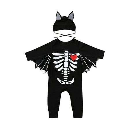 

Izhansean Newborn Baby Baby Boy Girl Halloween Outfits Bat Wing Sleeve Romper Skull Jumpsuit Hat Clothes Black 12-18 Months
