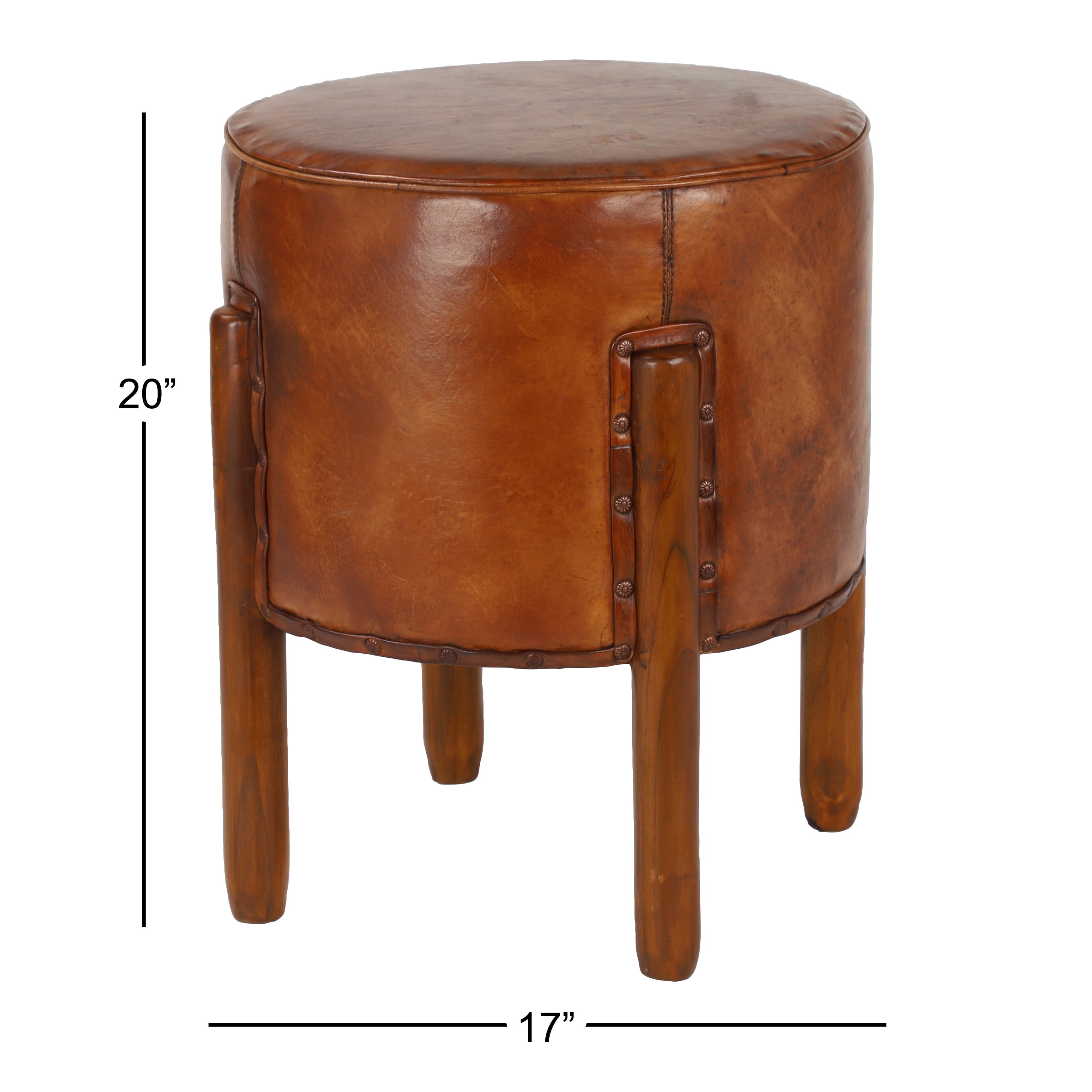 DecMode Traditional  Caramel Brown Upholstered Leather Stool, 17"W x 20"H