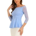 thumbnail image 4 of INSPIRE CHIC Women's Floral Lace Blouse Off Shoulder Sheer 3/4 Sleeve Peplum Top XL Sky Blue, 4 of 5