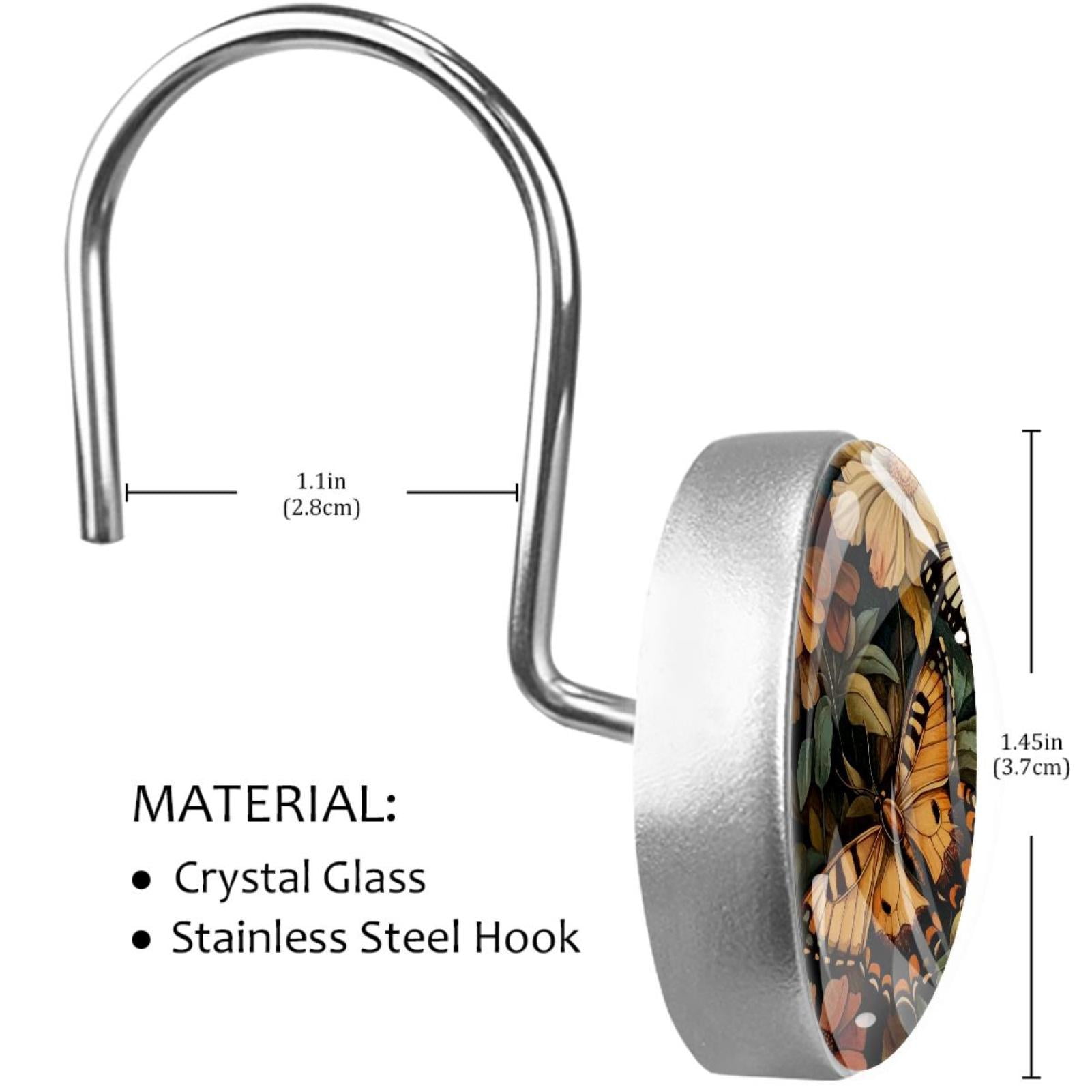 Two Butterfly on Wildflowers Leave Shower Curtain Hooks Round Crystal Glass, Set of 12 Shower Curtain Rings - Shower Hooks for Curtain Shower Rings