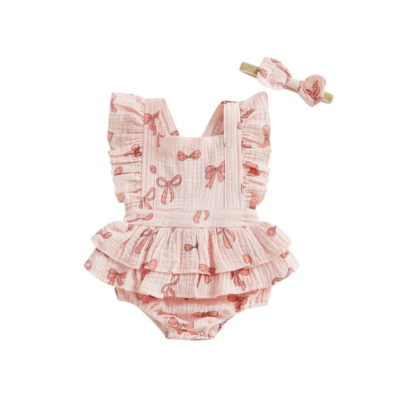 Suealasg Baby Girls Valentine's Day Clothes 3M 6M 12M 18M Fly Sleeve Bow/Heart Print A-line Romper Dress Headband Newborn Spring One Piece Clothes
