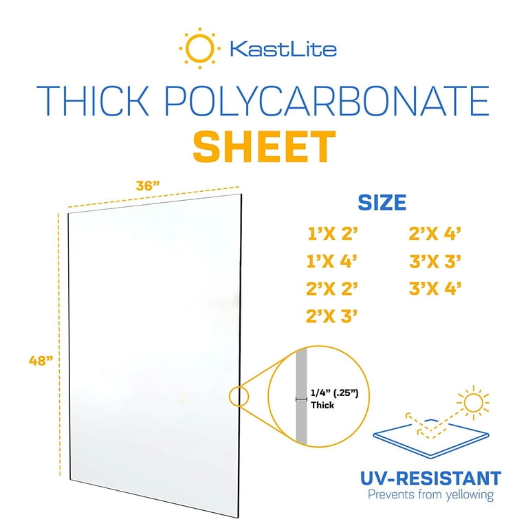 KastLite Polycarbonate Sheet | 1/4 Thick Polycarbonate | Nominal 3' x 4' |  Comparable to Lexan/Tuffak | 1 Pack