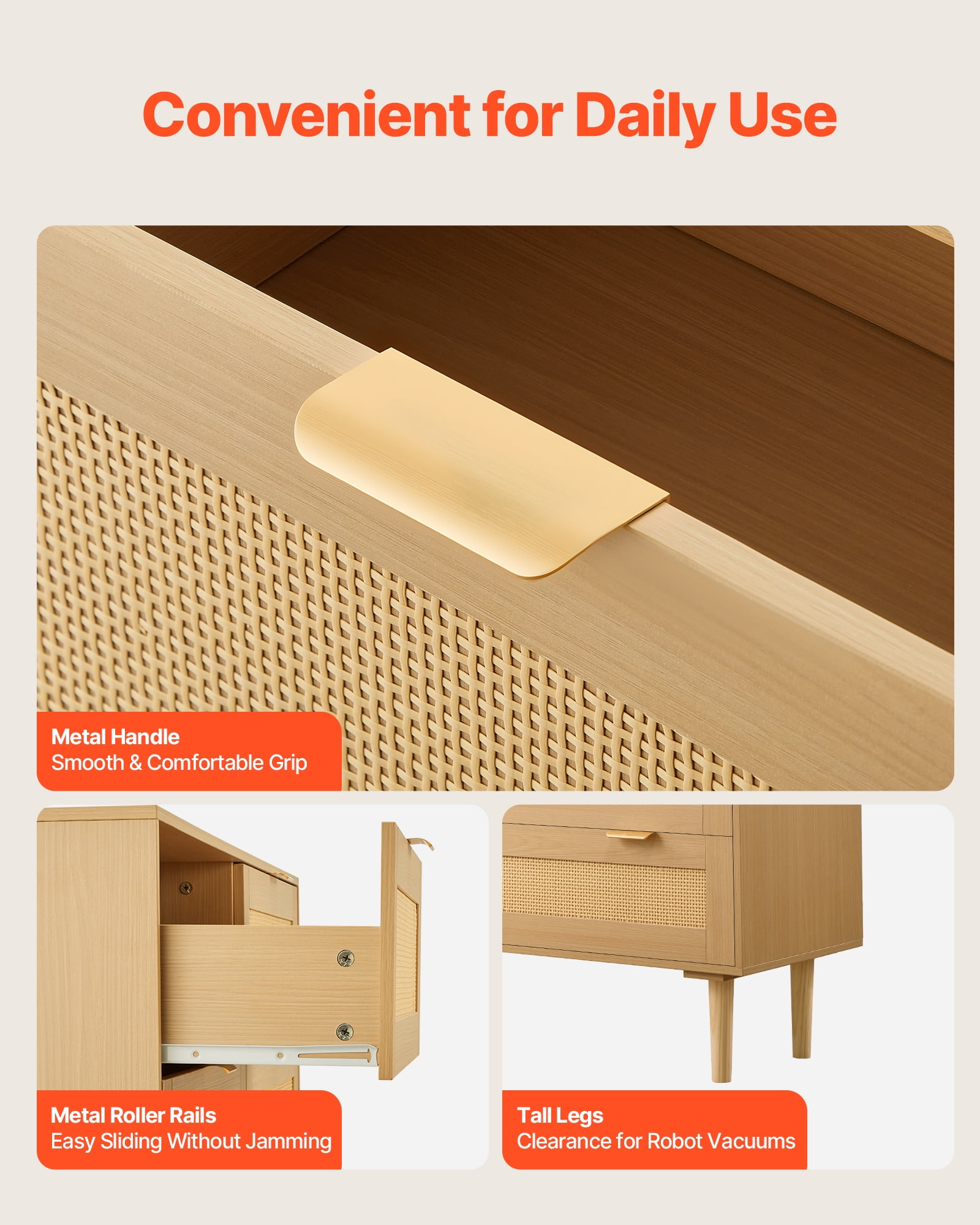 VEVOR 3 Drawer Rattan Dresser, Modern Closet Dresser for Bedroom, Natural Rattan Chest of Drawers with Metal Handles & Wooden Legs, Chest Clothing Organizer & Storage for Bedroom, Living Room