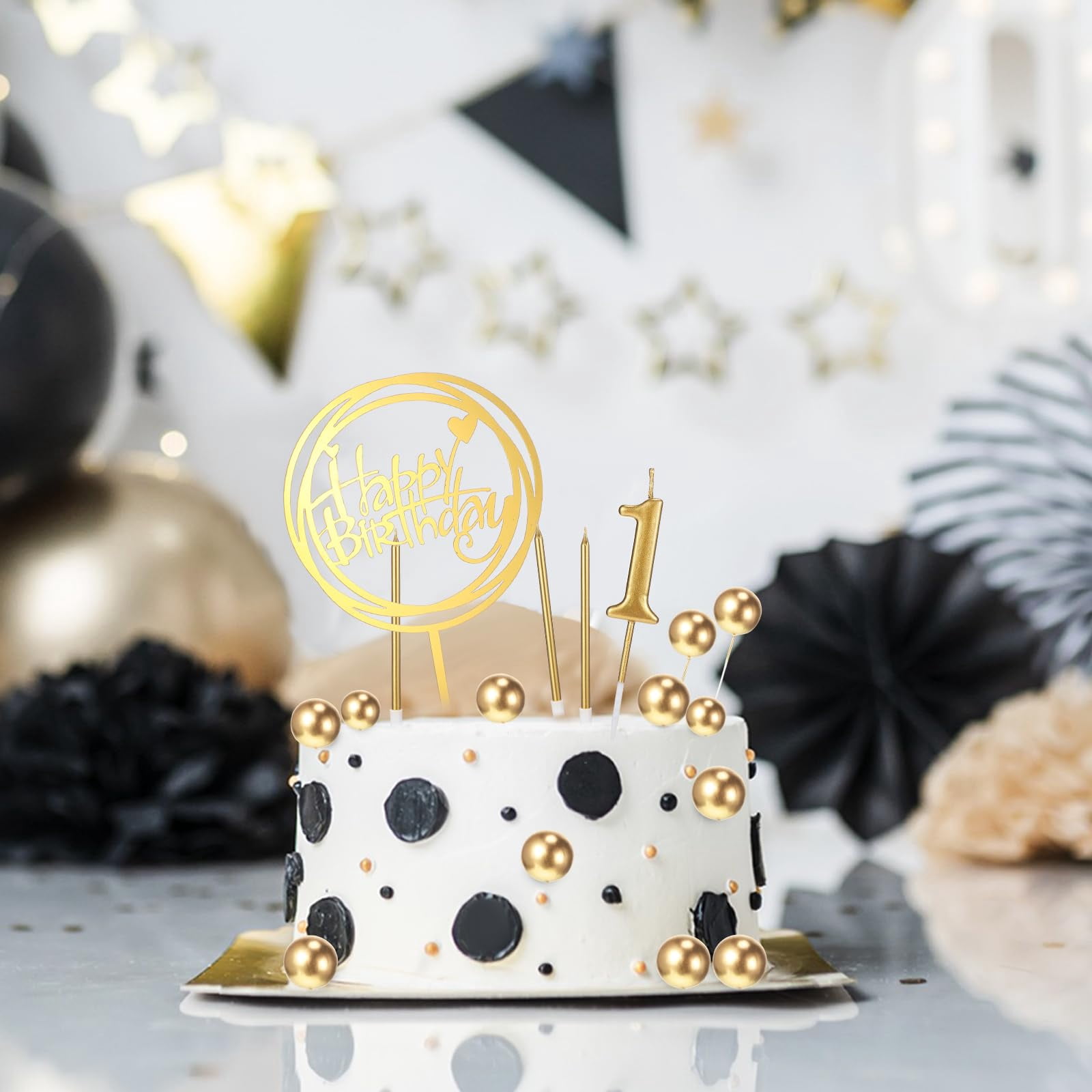 34 Pcs Happy Birthday Cake Toppers and Candles, DIY Cake Decorations for Men Women Wedding Anniversary Gold