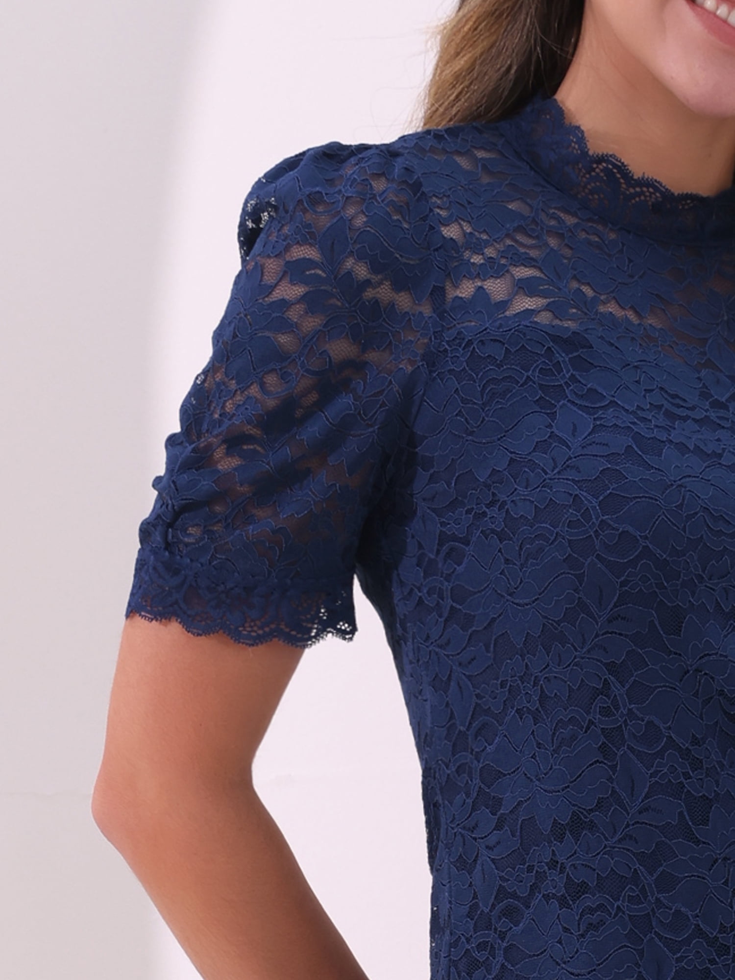 DARING DIVA Women's Lace Tops Mock Neck Puff Short Sleeve Floral Blouses S Dark Blue