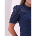 thumbnail image 5 of DARING DIVA Women's Lace Tops Mock Neck Puff Short Sleeve Floral Blouses M Dark Blue, 5 of 6