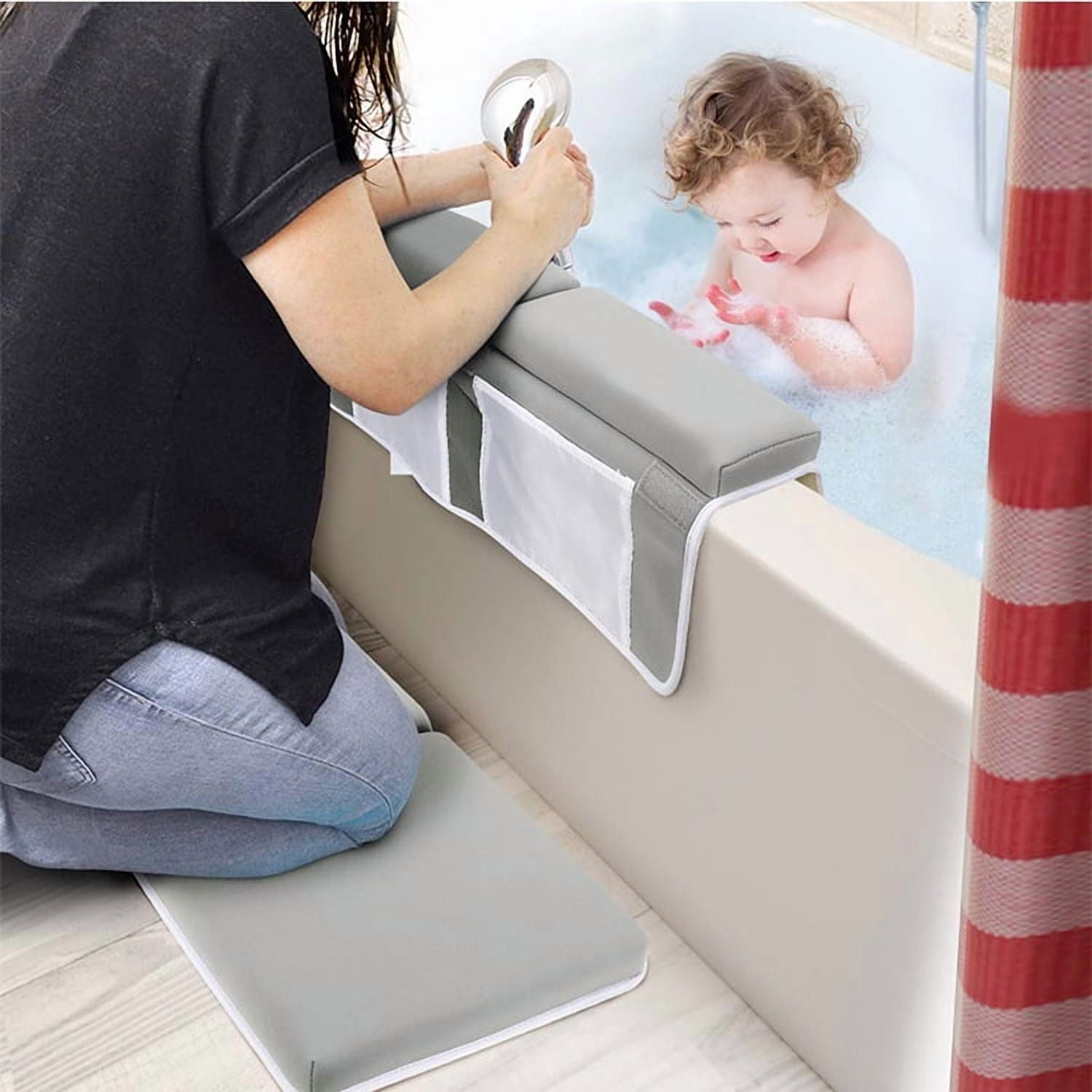 FTCBJJA Baby Bath Kneeler and Elbow Rest Pad Set, Built-In 4 Toys Organizer Pockets, 1.5" Thick Painless Non-Slip Bath Kneeling Mat for bathing baby or pet (Light Gray)