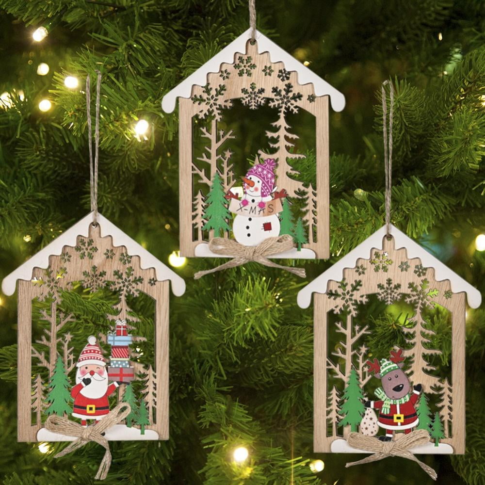 3Pcs Christmas Wooden Ornaments Cute Christmas Hanging Ornaments Pendant Christmas Decoration Wooden Tree Ornaments with Strings Wood Hanging Ornament for Christmas A Car