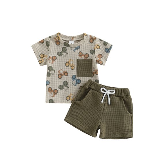 Baby Toddler Boy Summer Outfit 6 12 18 24 Months 2T 3T Waffle Tractor Print Short Sleeve T-shirts Solid Elastic Waist Shorts 2 Piece Summer Set