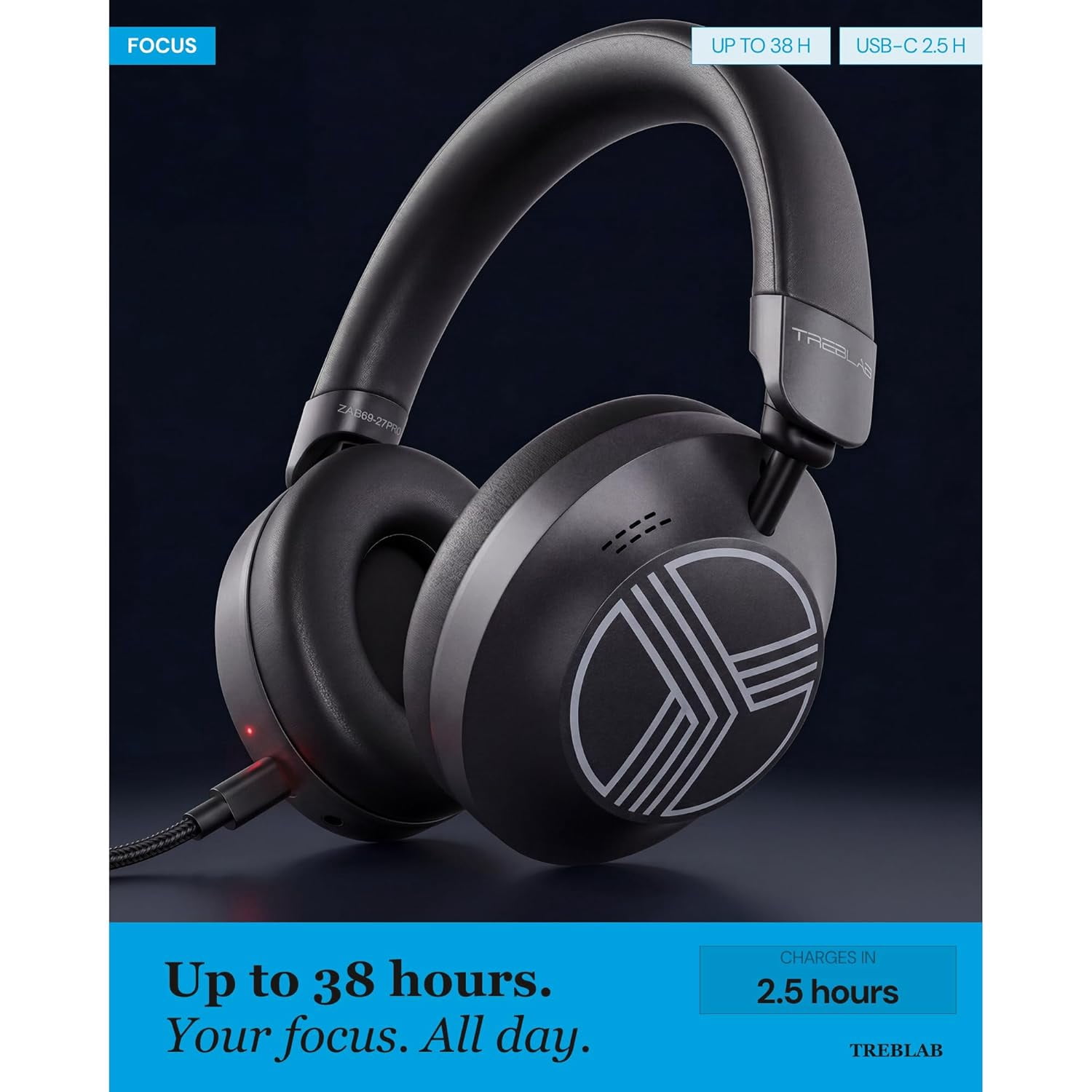 TREBLAB Z7-Pro Hybrid Active ANC Over-Ear Bluetooth Headphones for Work, Travel and Focus, All-Day Comfort, 38H Playtime, Foldable Wireless Headphones Noise Cancelling with Carrying Case