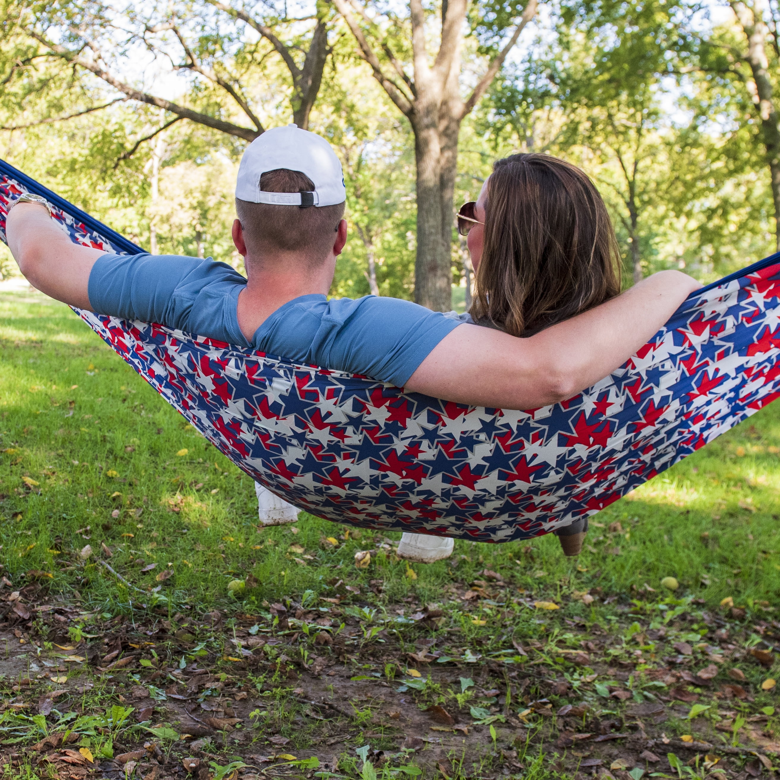 (2 pack) Equip Nylon Camping Travel Hammock, 2 Person, Americana Print With Navy Band, Size 124" L x 77" W
