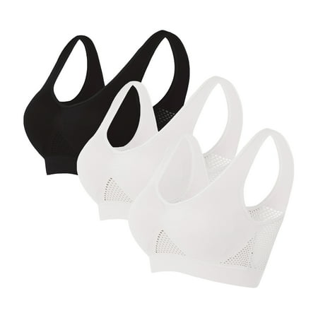 TrendVibe365 Sports Bras for Women Plus Size 3 Pack Mesh Wireless Push up Bralette Padded U Back Wide Strap Support Bustier Full Coverage Crop Tank Top Comfy Lingerie White 3XL