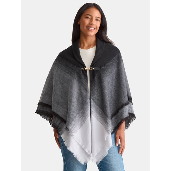Time and Tru Women's Gradient Weave Toggle Poncho, Black Soot, Sizes S/M-L/XL