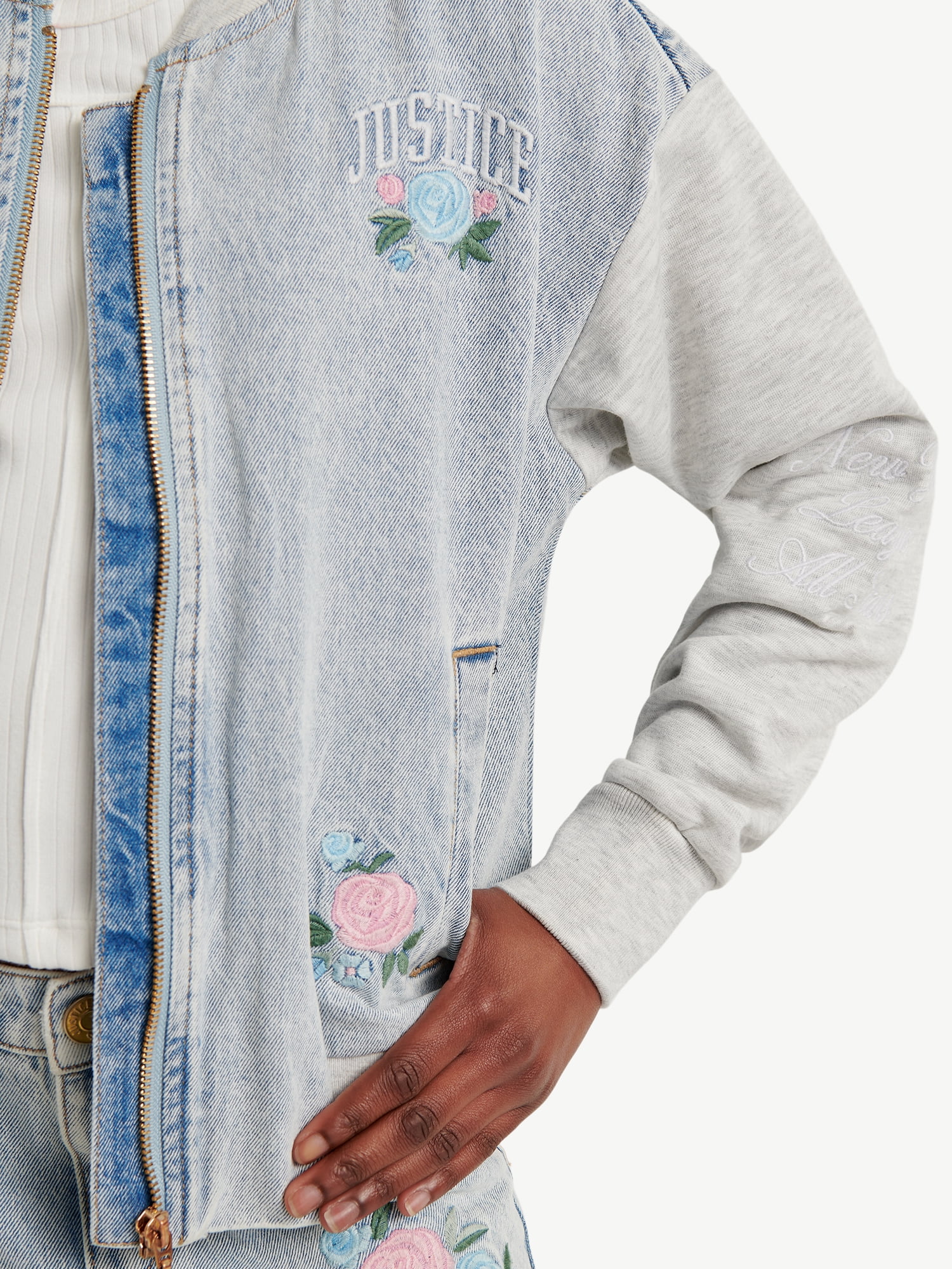 Justice Girls Denim Embroidered Bomber Jacket, Sizes XS - XLP