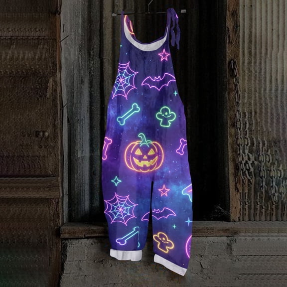 Halloween Jumpsuits for Women 2026 One Piece Sleeveless Pumpkin Print Rompers Pants Adjustable Strap Baggy Overalls