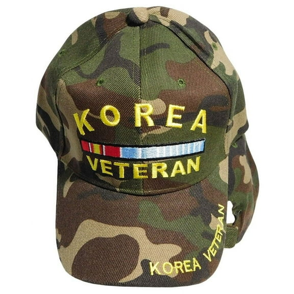Korea Korean Vet Veteran Ribbon Woodland Camo Adjustable Embroidered Cap Hat