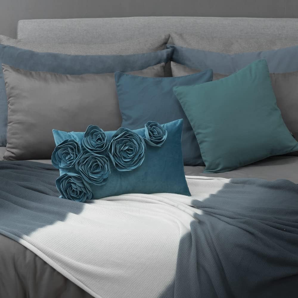 JWH 3D Decorative Lake Blue Velvet Rose Throw Pillow Covers for Sofa Bedroom Decor 12x20inch
