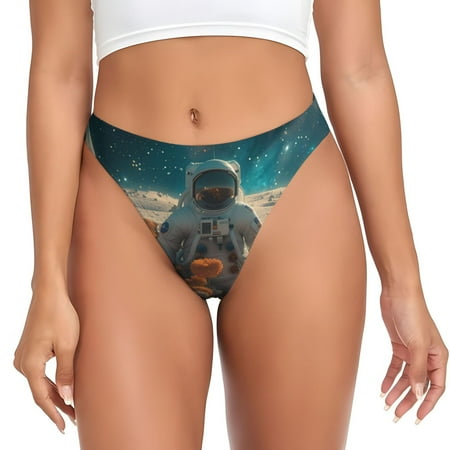 Qokaie Astronaut Flower Field Printed Women s Cotton Thong Underwear  Sexy Breathable Panties G-string-Large