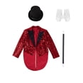 thumbnail image 5 of Hansber Kids Boys Magician Outfits Sparkly Sequin Tailcoat Blazer Jacket with Magic Wand and Hat Set for Stage Burgundy 8, 5 of 7