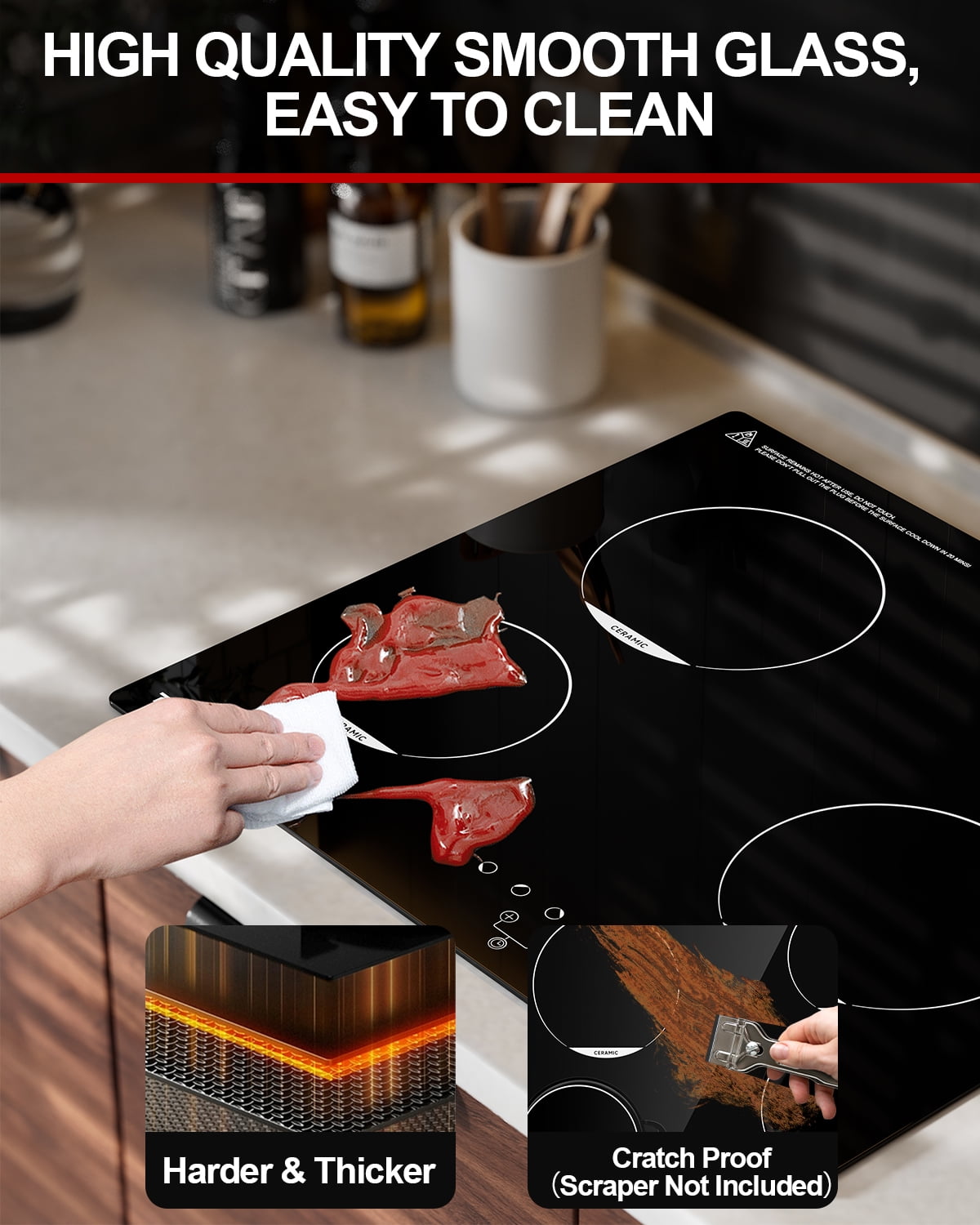 TOPWISH 24" 4-Burner Drop-In Electric Cooktop, 6000W Radiant Ceramic Stove Top, 220–240V Hard-Wired, 9 Heat Levels, Touch Control, Timer & Child Safety Lock