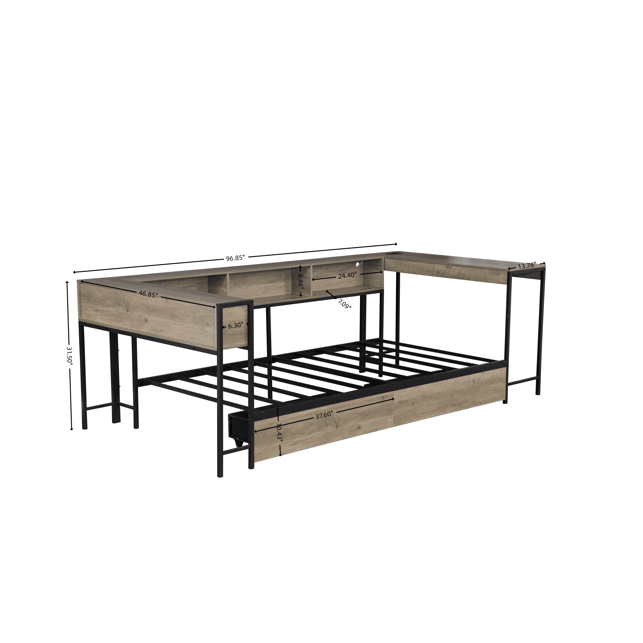 Aukfa Twin Corner Bed Frame with Desk, 2 Storage Drawers, Bookcase, Charging Station and LED Lights, Gray