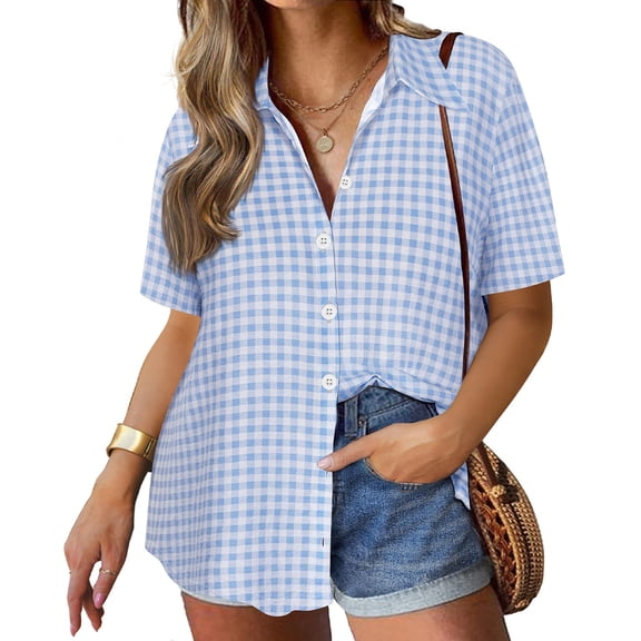 TIYOMI Women's Blouses Button Down Shirts 4x Button up Blouse Blue & White Gingham Short Sleeve Collared Tops Summer Loose Fit Blouses 4XL 24W 26W