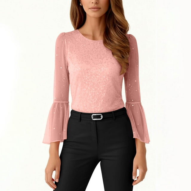 Miqool Hauts Habillés pour Femmes à Manches 3/4 Blouse Élégante à Col Ras du Cou Mode Décontractée Travail Soirée Fête