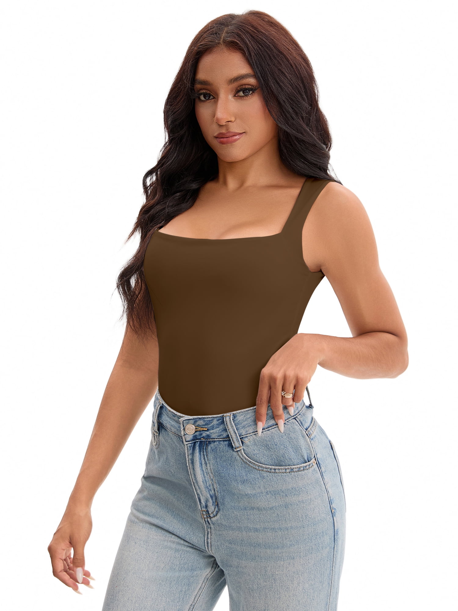 Unique Bargains Square Neck Sleeveless Tank Camisoles L Brown