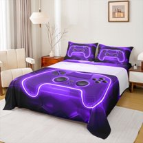 Castle Fairy Hexagon Gamepads Full Size Sheets,Black Purple Gamepads Bed Sheets