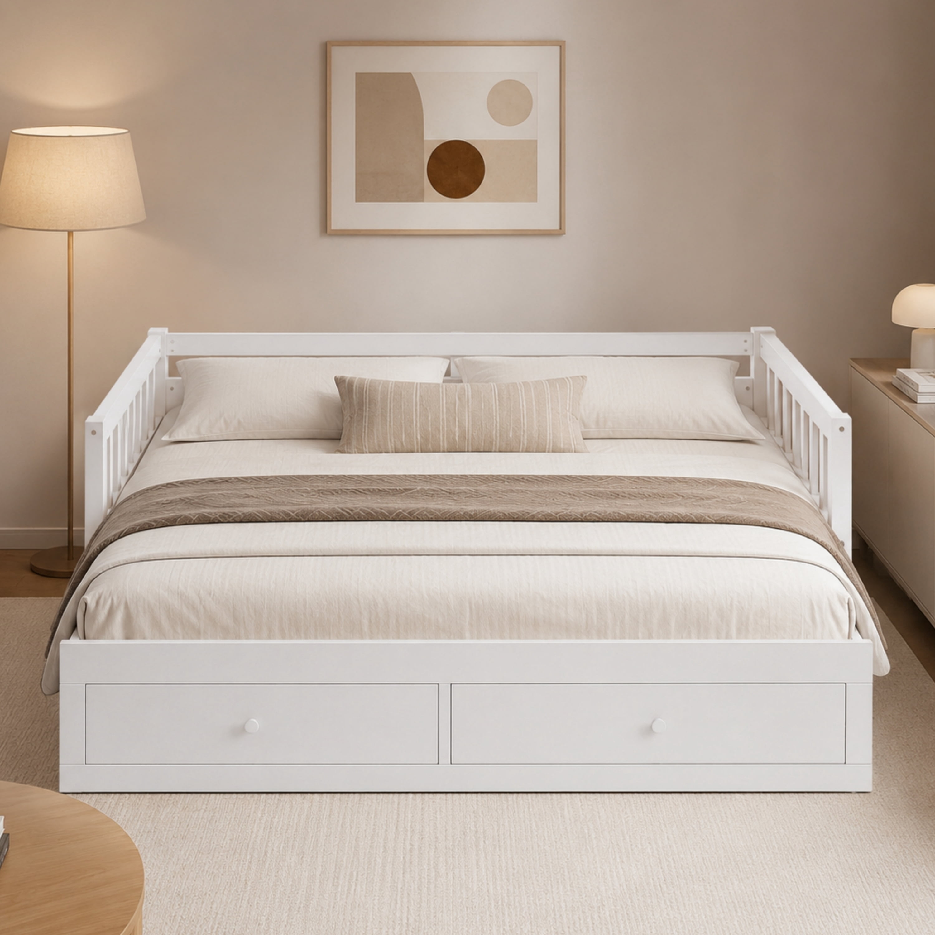 Euroco Wood Twin to King Size Daybed with Pull-out Trundle, Convertible Bed Frame with Drawers, No Box Spring Needed, White