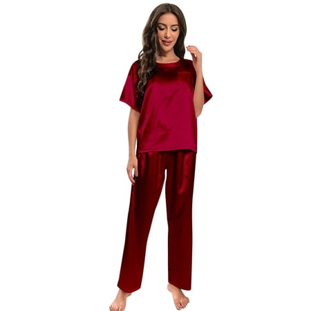

Women S Satin Silky Short Sleeve Shirt With Long Pant Soft Pj Loungewear Pajamas Set